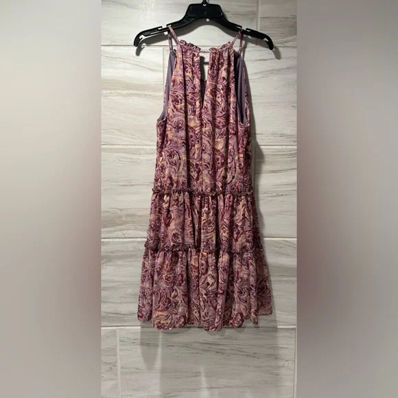 DREW Purple Pink Paisley Print Tiered Ruffled Halter Lined Dress Size Small - Picture 4 of 9